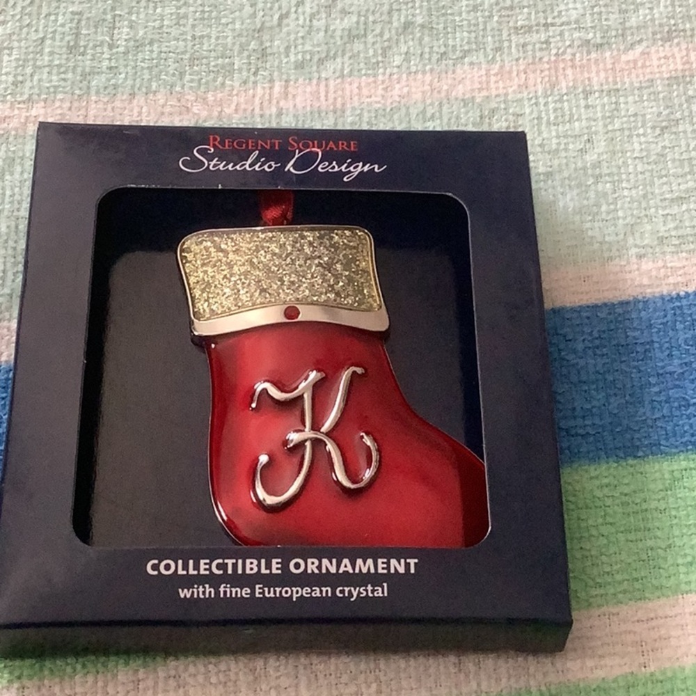 Christmas stocking ornament red silver K European crystal NIB